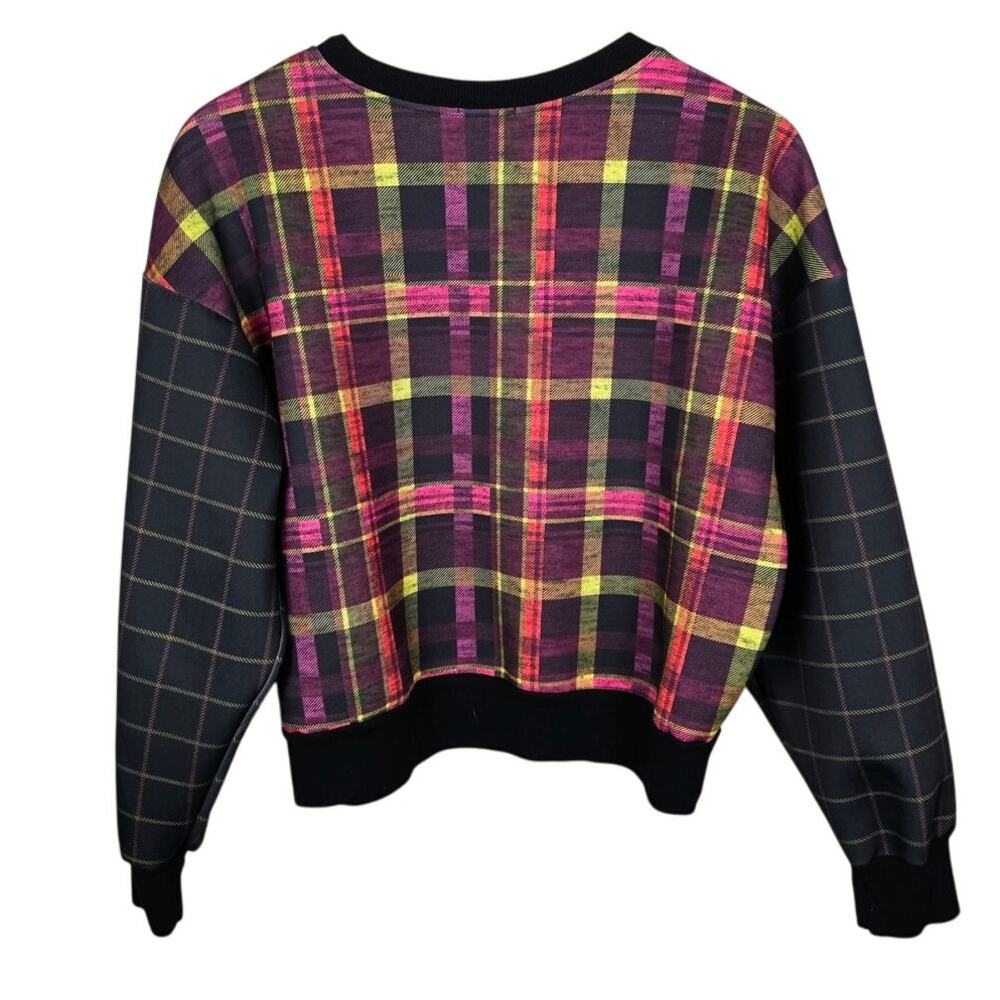 Terez As If Plaid Sweatshirt XS Black Pink Yellow Crewneck Scuba Knit Top - Picture 3 of 6